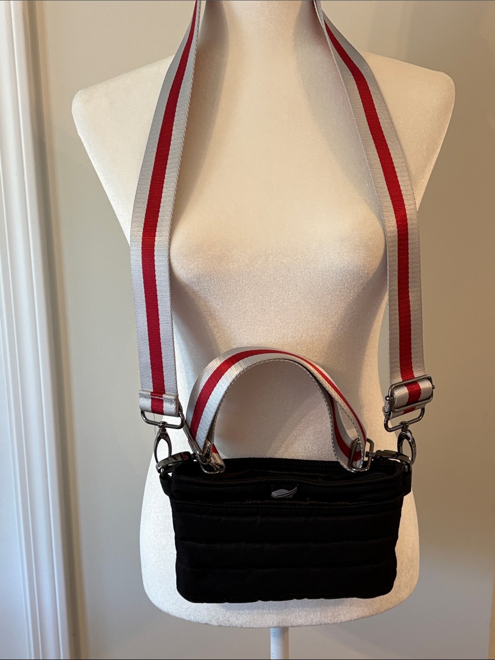Think Royln Black Quilted Crossbody Bag with Red & Grey Long & Short GuitarStrap